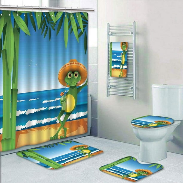 Frog Sit toilet Waterproof Fabric Shower Curtain & Bath Mat Bathroom Decor Set 